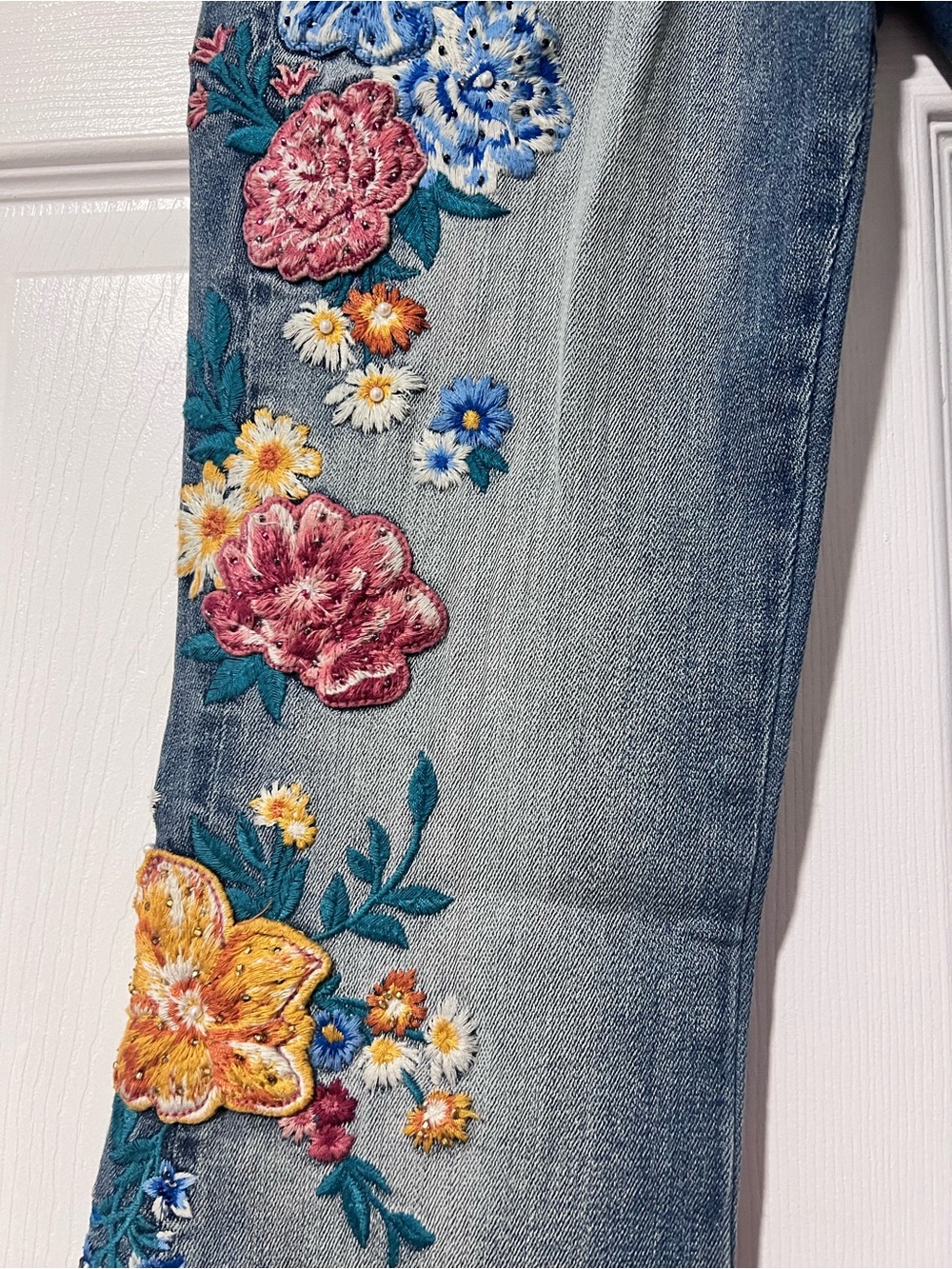 DRIFTWOOD Blue Denim Flare Jeans with Multi-Color Floral Embroidery - Picture 2 of 5